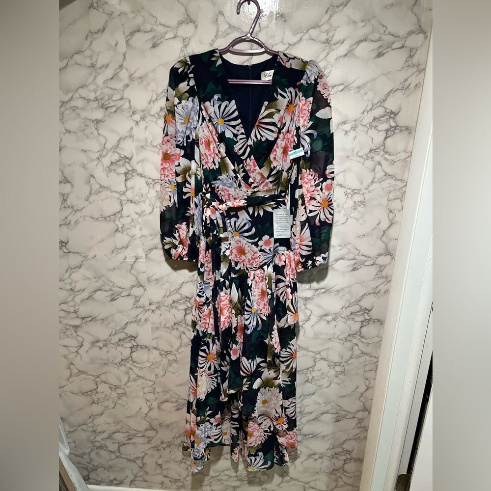Eliza J Floral Print 3/4 Balloon Sleeve Faux Wrap Hi-Low Maxi Dress - Picture 2 of 8